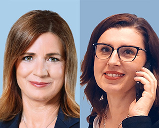 Two portrait photos, one of Christiane Giesen and the second of a woman with glasses who telephones (Photo)